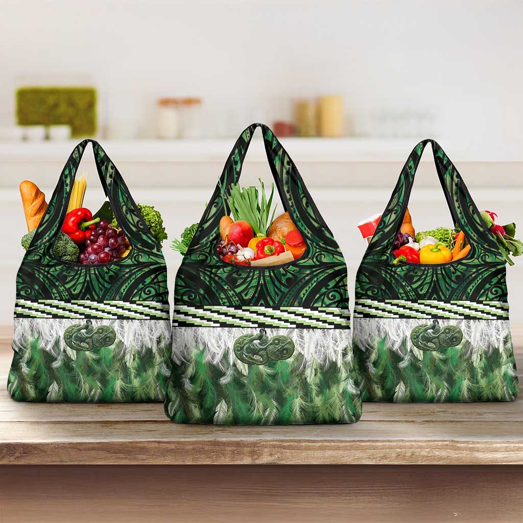 Green Traditional Cloak Aotearoa Grocery Bag Maori Paua Shell Korowai Pattern LT14 3-pack One Size Green - Polynesian Pride