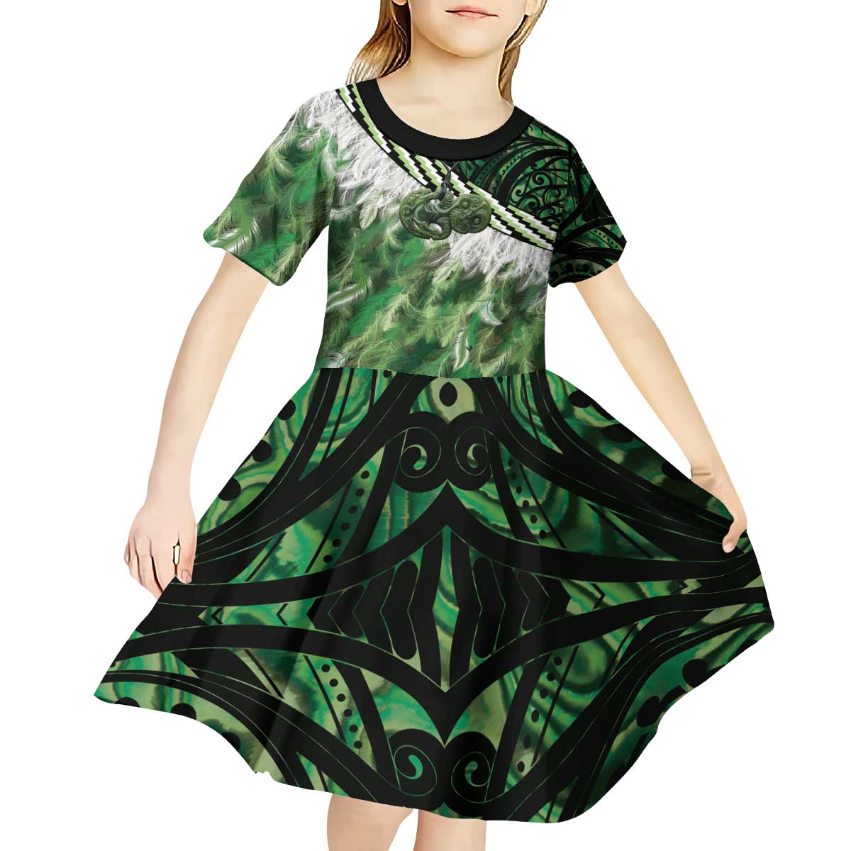 Green Traditional Cloak Aotearoa Kid Short Sleeve Dress Maori Paua Shell Korowai Pattern