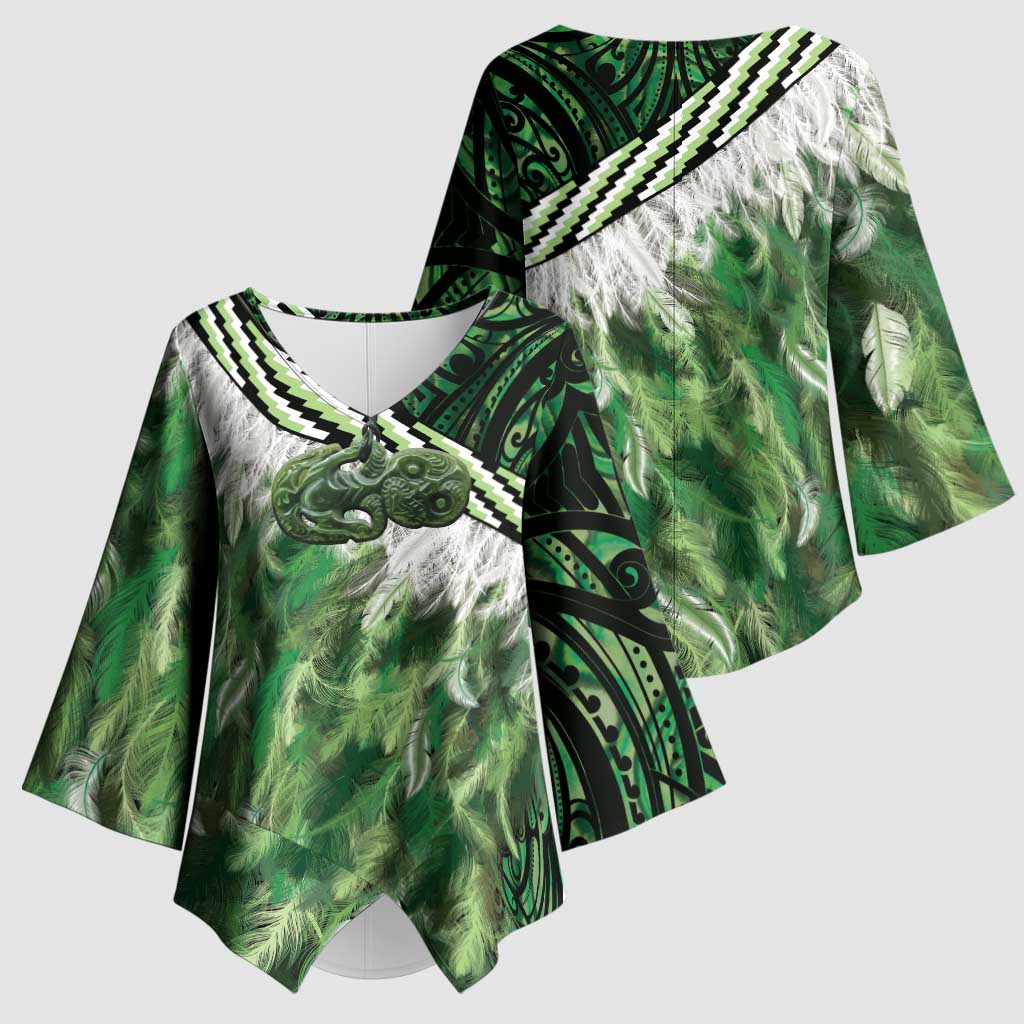 Green Traditional Cloak Aotearoa Kimono Sleeve Blouse Maori Paua Shell Korowai Pattern - Polynesian Pride