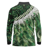 Green Traditional Cloak Aotearoa Long Sleeve Polo Shirt Maori Paua Shell Korowai Pattern