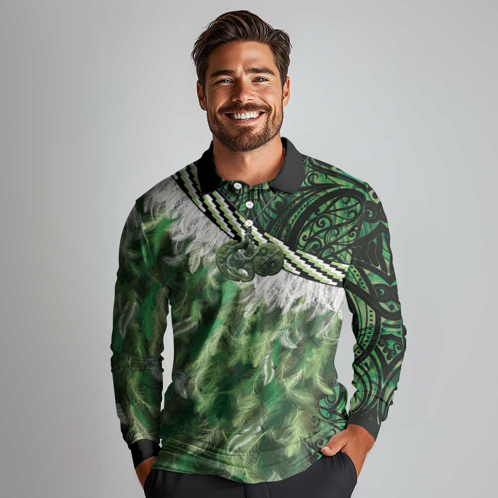 Green Traditional Cloak Aotearoa Long Sleeve Polo Shirt Maori Paua Shell Korowai Pattern