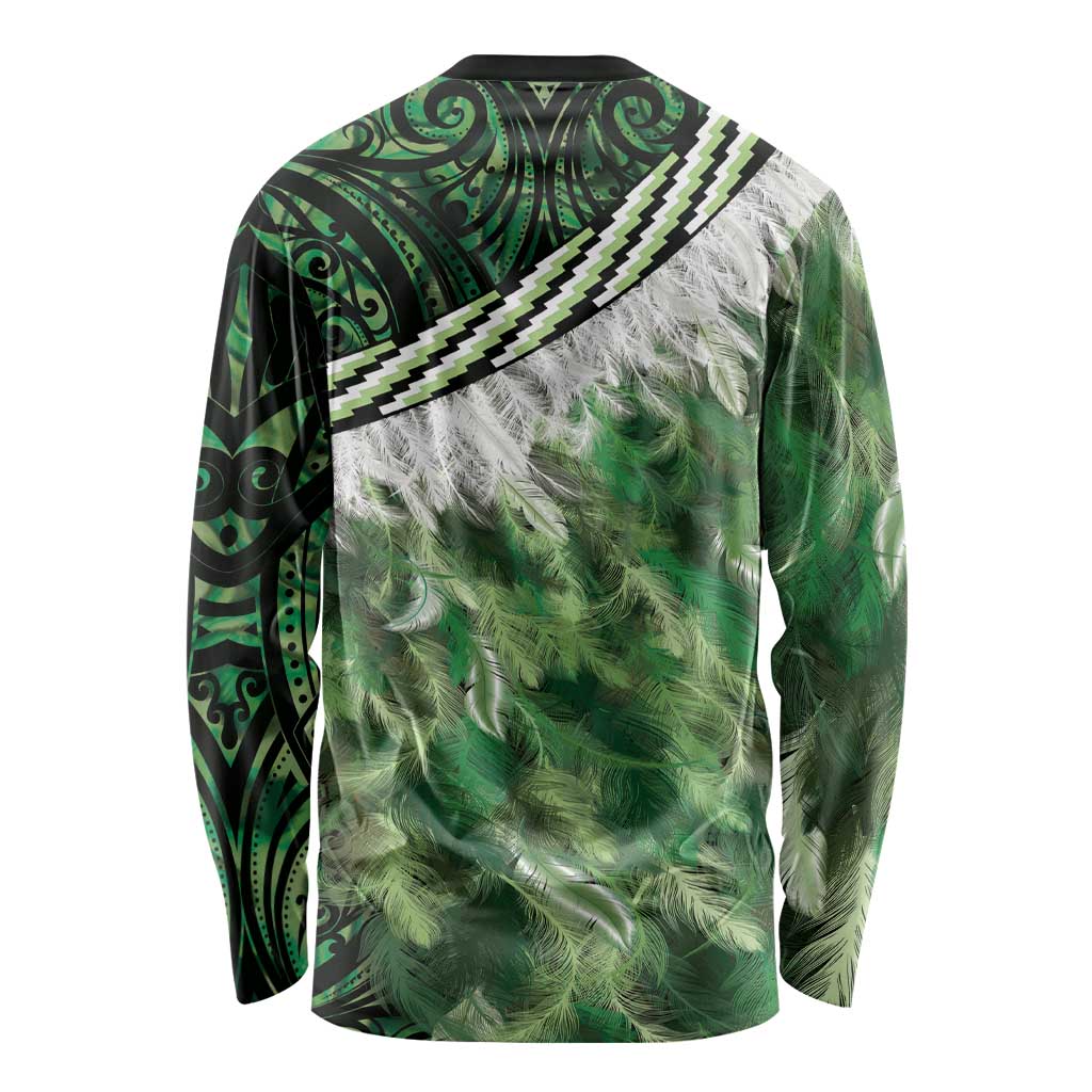 Green Traditional Cloak Aotearoa Long Sleeve Shirt Maori Paua Shell Korowai Pattern