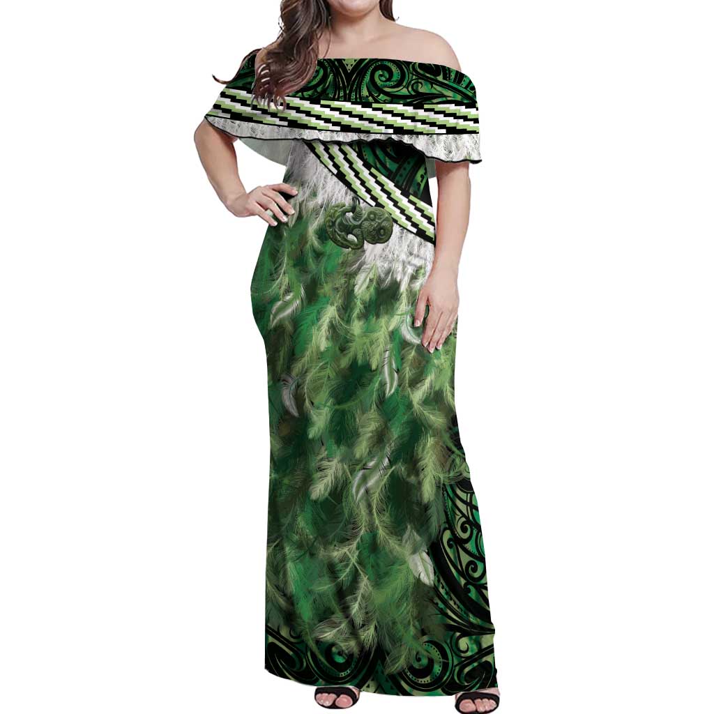 Green Traditional Cloak Aotearoa Off Shoulder Maxi Dress Maori Paua Shell Korowai Pattern