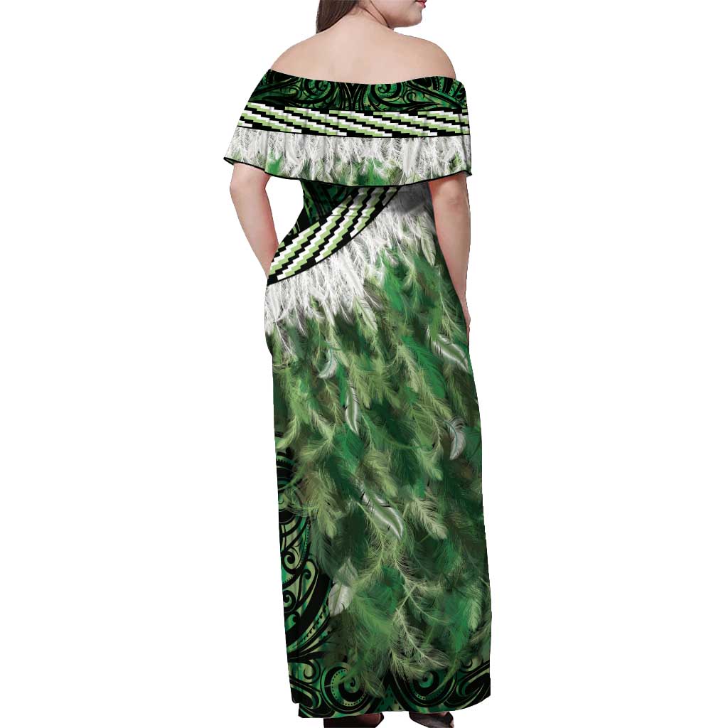 Green Traditional Cloak Aotearoa Off Shoulder Maxi Dress Maori Paua Shell Korowai Pattern