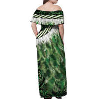 Green Traditional Cloak Aotearoa Off Shoulder Maxi Dress Maori Paua Shell Korowai Pattern