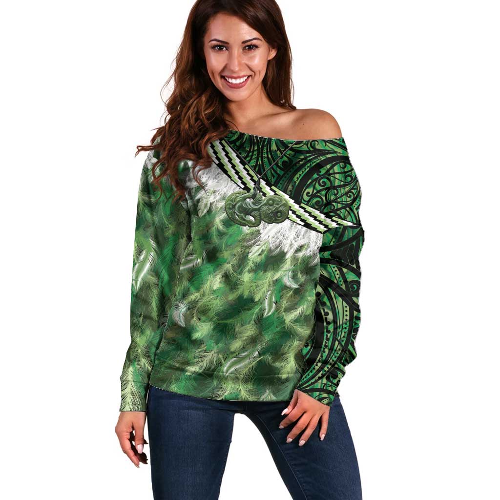 Green Traditional Cloak Aotearoa Off Shoulder Sweater Maori Paua Shell Korowai Pattern
