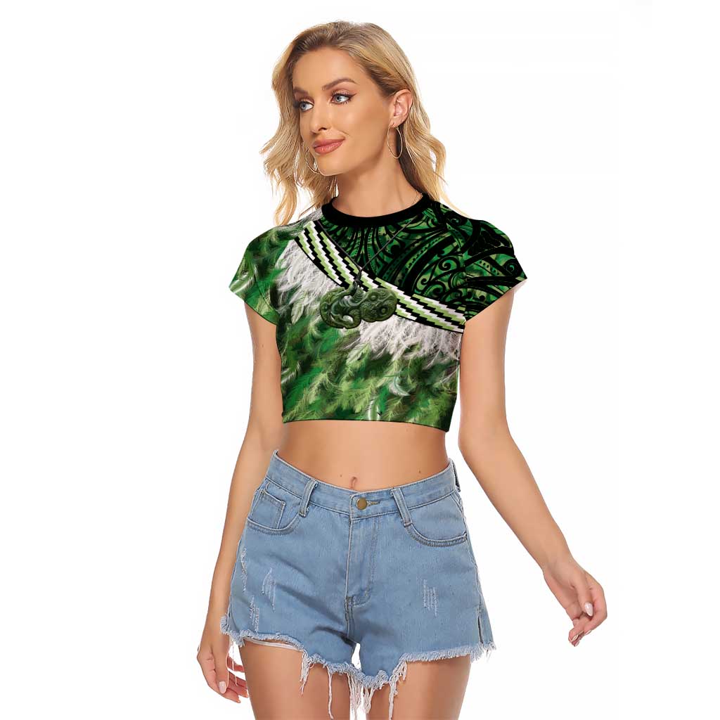 Green Traditional Cloak Aotearoa Raglan Cropped T Shirt Maori Paua Shell Korowai Pattern LT14 Female Green - Polynesian Pride