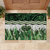 Green Traditional Cloak Aotearoa Rubber Doormat Maori Paua Shell Korowai Pattern
