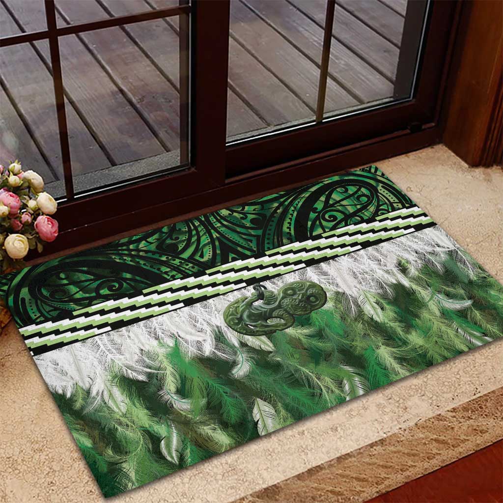 Green Traditional Cloak Aotearoa Rubber Doormat Maori Paua Shell Korowai Pattern