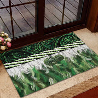 Green Traditional Cloak Aotearoa Rubber Doormat Maori Paua Shell Korowai Pattern