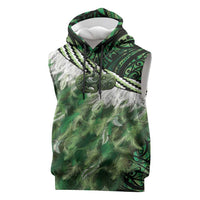 Green Traditional Cloak Aotearoa Sleeveless Hoodie Maori Paua Shell Korowai Pattern - Polynesian Pride