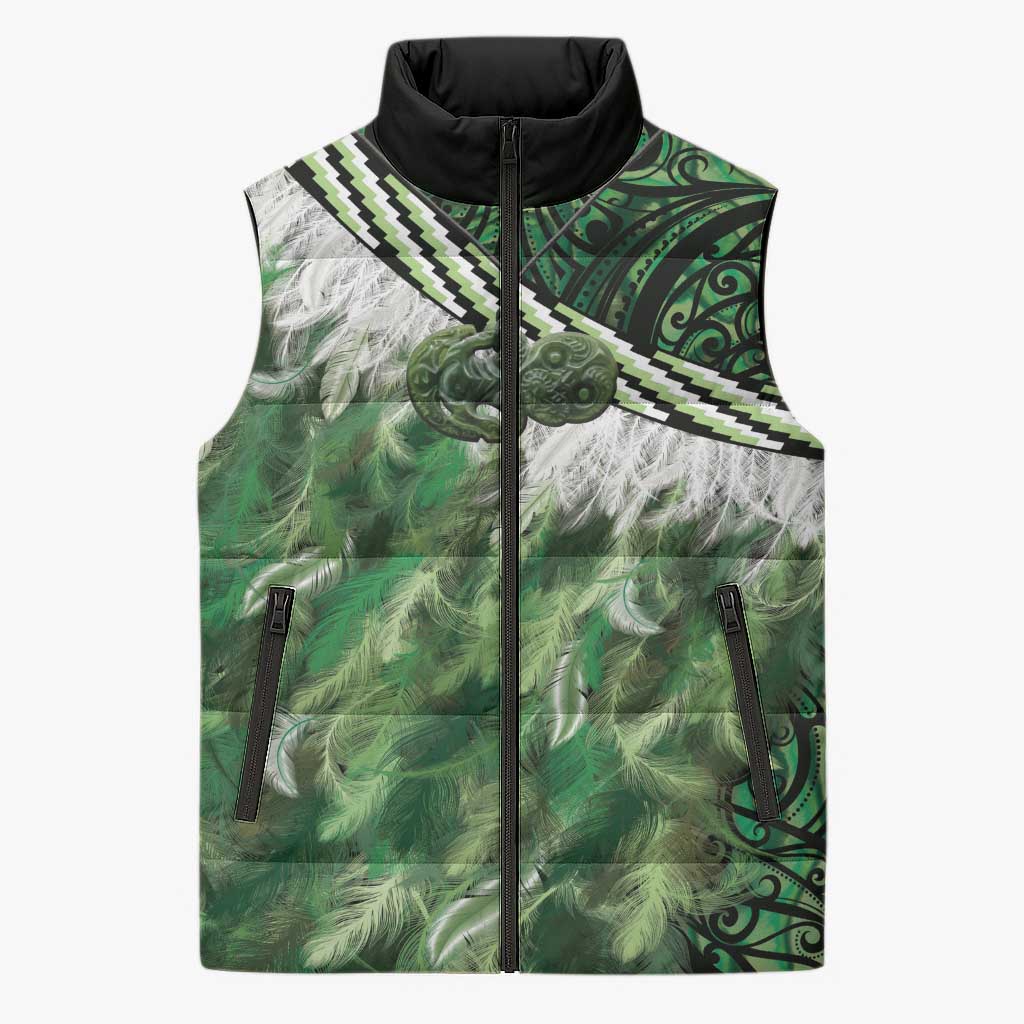 Green Traditional Cloak Aotearoa Sleeveless Puffer Jacket Maori Paua Shell Korowai Pattern - Polynesian Pride