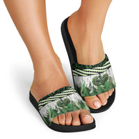 Green Traditional Cloak Aotearoa Slide Sandals Maori Paua Shell Korowai Pattern LT14 - Polynesian Pride