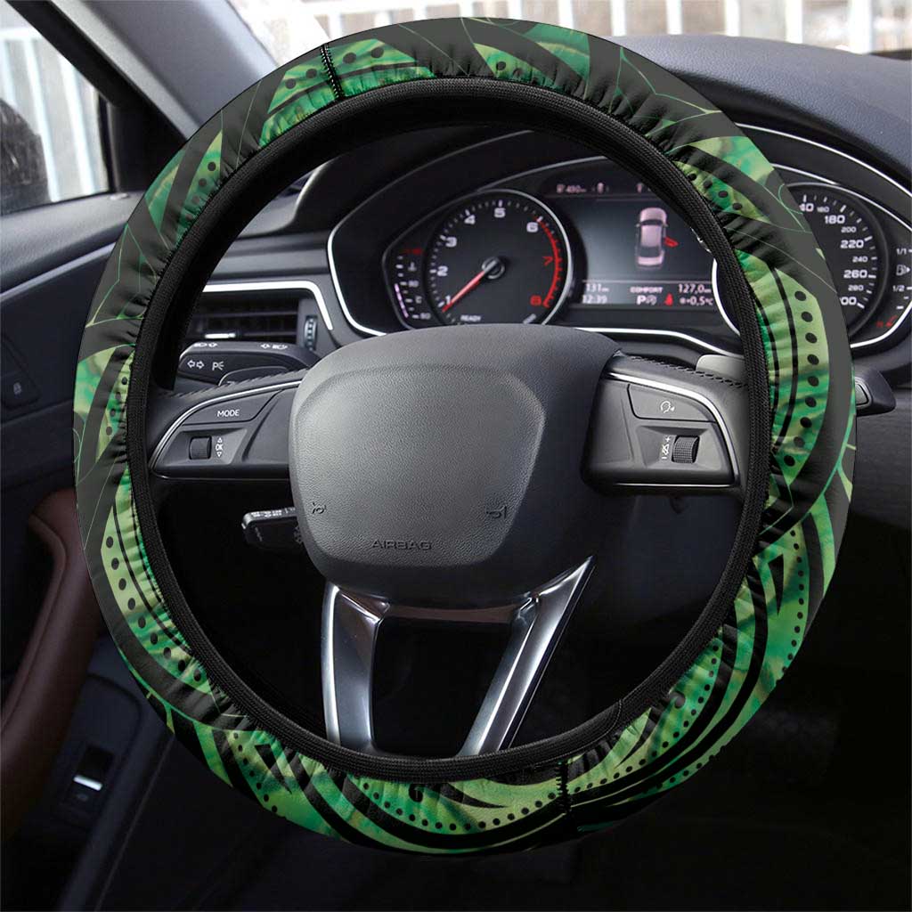 Green Traditional Cloak Aotearoa Steering Wheel Cover Maori Paua Shell Korowai Pattern