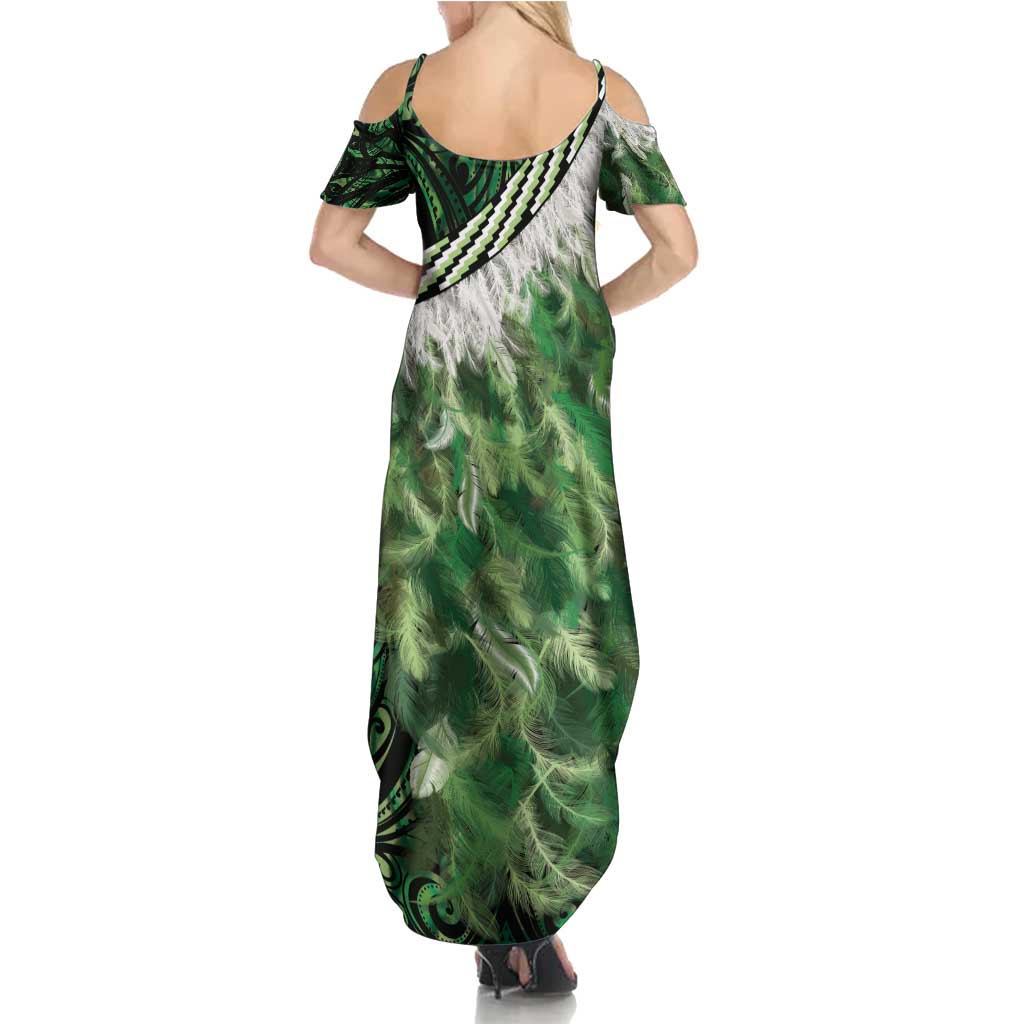 Green Traditional Cloak Aotearoa Summer Maxi Dress Maori Paua Shell Korowai Pattern