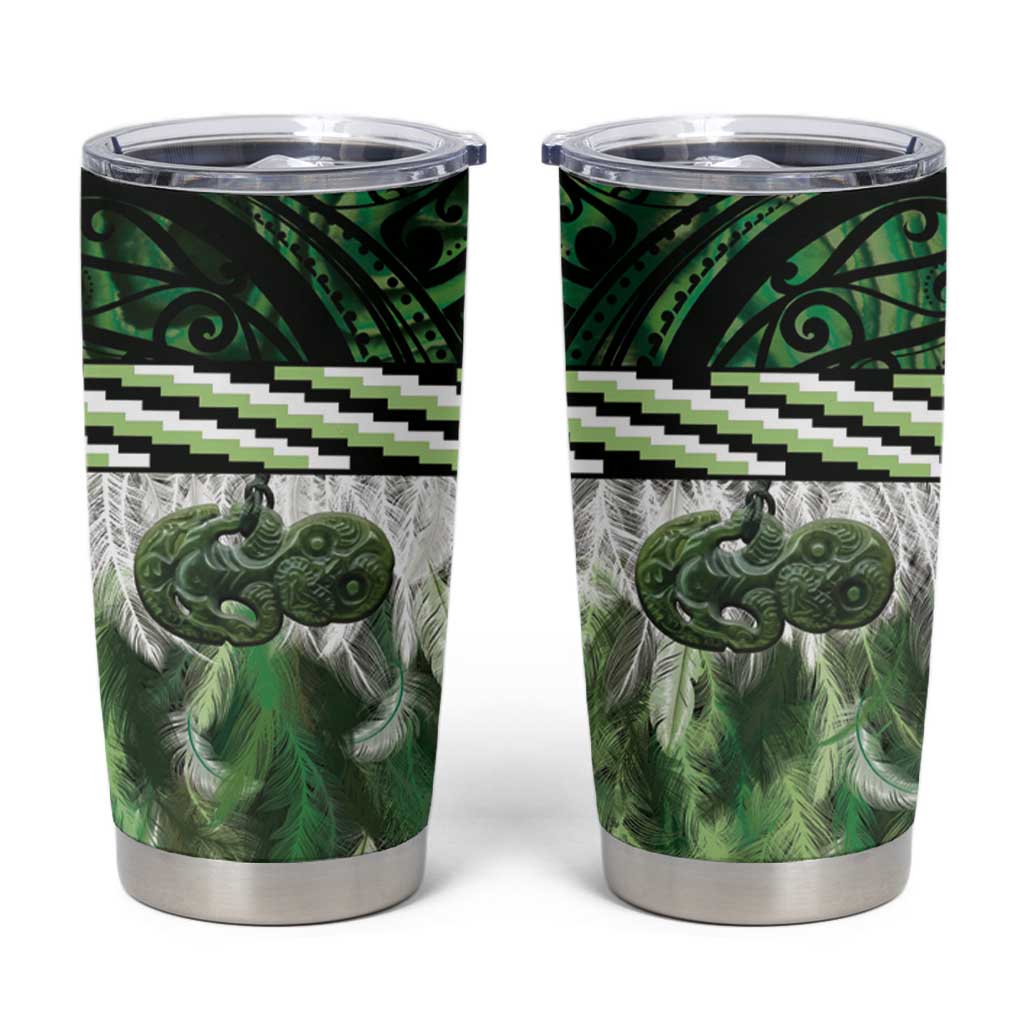Green Traditional Cloak Aotearoa Tumbler Cup Maori Paua Shell Korowai Pattern LT14 Green - Polynesian Pride