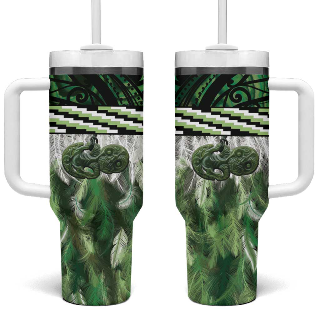 Green Traditional Cloak Aotearoa Tumbler With Handle Maori Paua Shell Korowai Pattern LT14 One Size: 40 oz Green - Polynesian Pride
