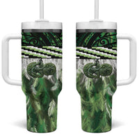 Green Traditional Cloak Aotearoa Tumbler With Handle Maori Paua Shell Korowai Pattern LT14 One Size: 40 oz Green - Polynesian Pride