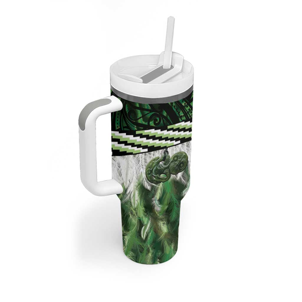 Green Traditional Cloak Aotearoa Tumbler With Handle Maori Paua Shell Korowai Pattern LT14 - Polynesian Pride