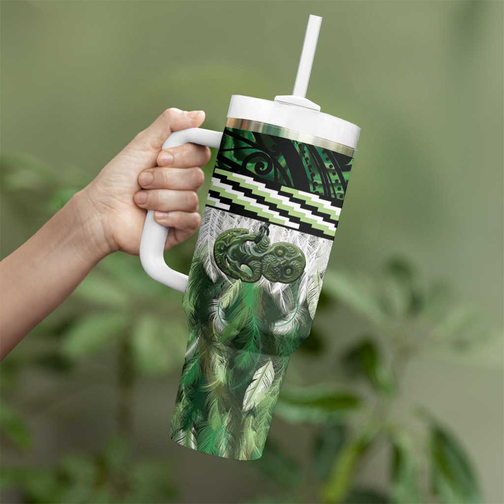 Green Traditional Cloak Aotearoa Tumbler With Handle Maori Paua Shell Korowai Pattern LT14 - Polynesian Pride