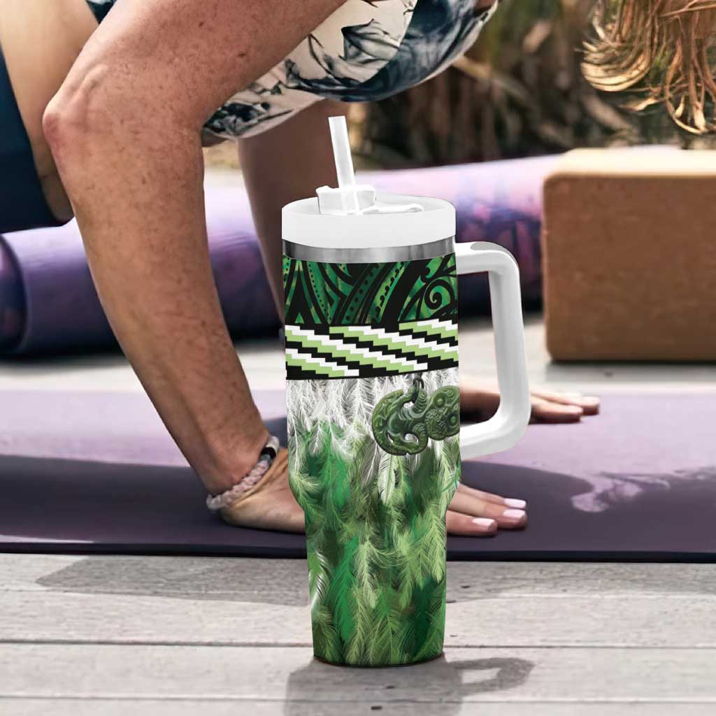 Green Traditional Cloak Aotearoa Tumbler With Handle Maori Paua Shell Korowai Pattern LT14 - Polynesian Pride