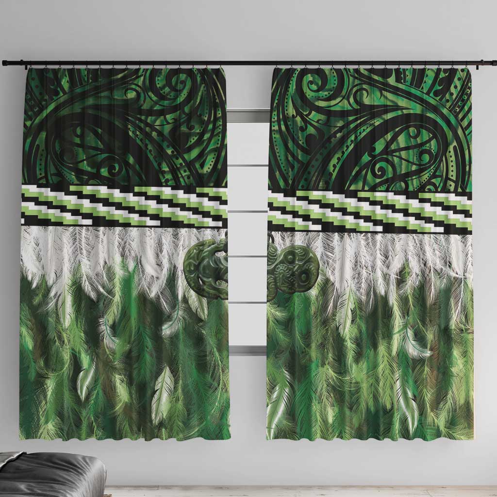 Green Traditional Cloak Aotearoa Window Curtain Maori Paua Shell Korowai Pattern