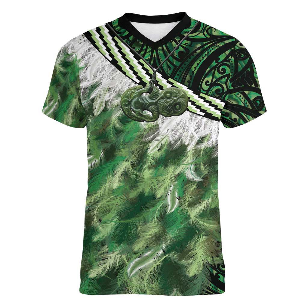 Green Traditional Cloak Aotearoa Women V-Neck T-Shirt Maori Paua Shell Korowai Pattern LT14 Female Green - Polynesian Pride