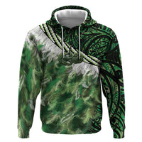 Green Traditional Cloak Aotearoa Zip Hoodie Maori Paua Shell Korowai Pattern