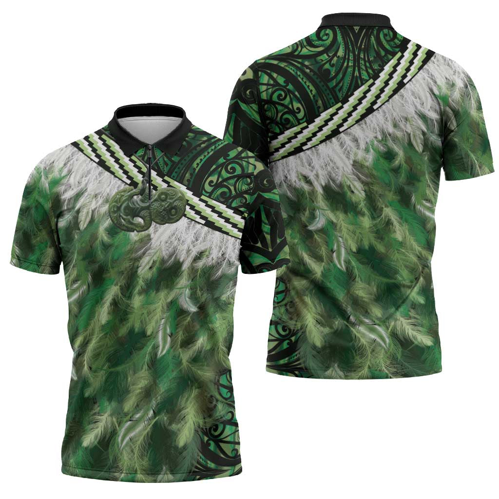 Green Traditional Cloak Aotearoa Zipper Polo Shirt Maori Paua Shell Korowai Pattern - Polynesian Pride