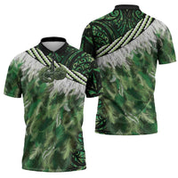 Green Traditional Cloak Aotearoa Zipper Polo Shirt Maori Paua Shell Korowai Pattern - Polynesian Pride