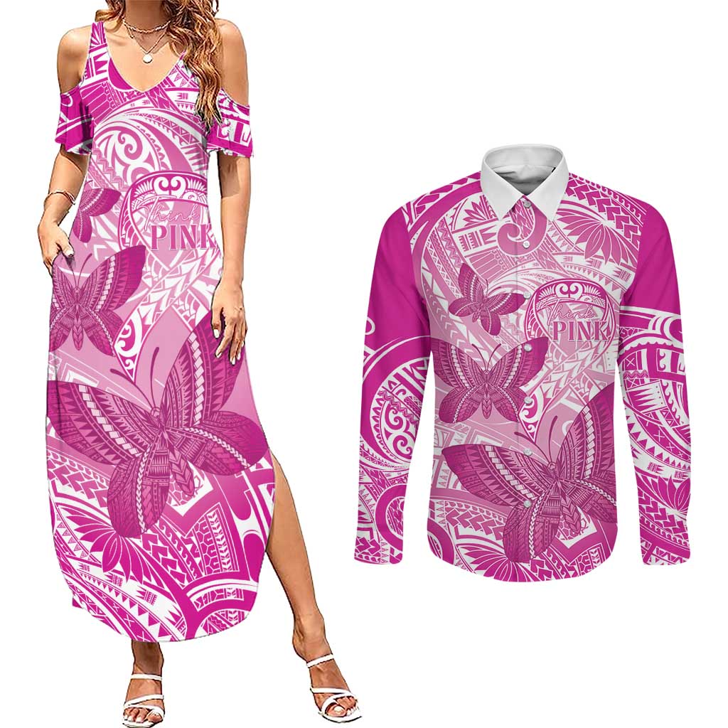 Personalised Polynesia Breast Cancer Awareness Couples Matching Summer Maxi Dress and Long Sleeve Button Shirt Think Pink Ribbon Polynesian Butterflies LT14 Pink - Polynesian Pride