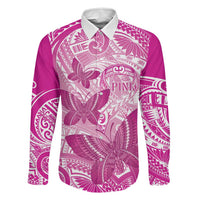 Personalised Polynesia Breast Cancer Awareness Family Matching Off The Shoulder Long Sleeve Dress and Hawaiian Shirt Think Pink Ribbon Polynesian Butterflies LT14 Dad's Shirt - Long Sleeve Pink - Polynesian Pride