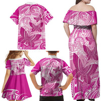 Personalised Polynesia Breast Cancer Awareness Family Matching Off Shoulder Maxi Dress and Hawaiian Shirt Think Pink Ribbon Polynesian Butterflies