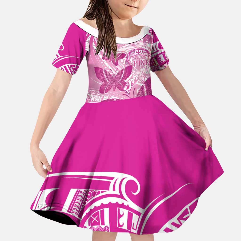 Personalised Polynesia Breast Cancer Awareness Family Matching Off Shoulder Short Dress and Hawaiian Shirt Think Pink Ribbon Polynesian Butterflies LT14 Daughter's Dress Pink - Polynesian Pride