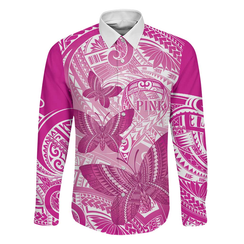 Personalised Polynesia Breast Cancer Awareness Family Matching Tank Maxi Dress and Hawaiian Shirt Think Pink Ribbon Polynesian Butterflies LT14 Dad's Shirt - Long Sleeve Pink - Polynesian Pride