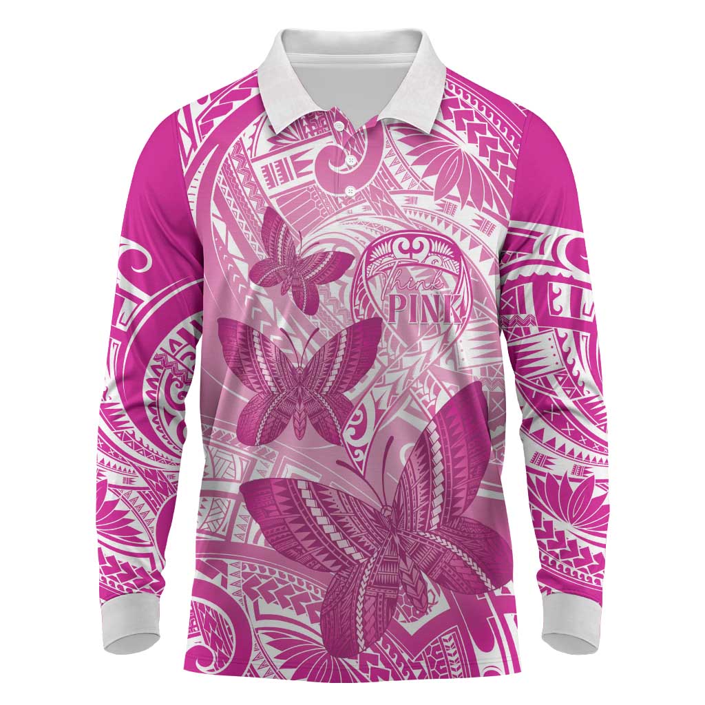 Personalised Polynesia Breast Cancer Awareness Long Sleeve Polo Shirt Think Pink Ribbon Polynesian Butterflies