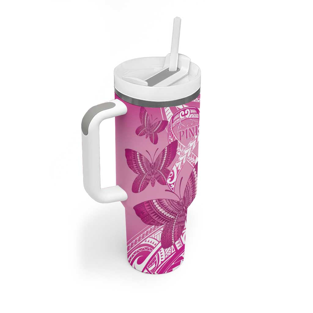 Personalised Polynesia Breast Cancer Awareness Tumbler With Handle Think Pink Ribbon Polynesian Butterflies
