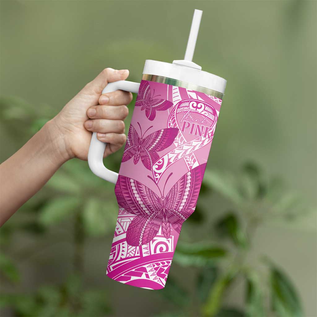 Personalised Polynesia Breast Cancer Awareness Tumbler With Handle Think Pink Ribbon Polynesian Butterflies