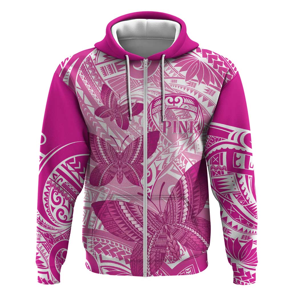 Personalised Polynesia Breast Cancer Awareness Zip Hoodie Think Pink Ribbon Polynesian Butterflies