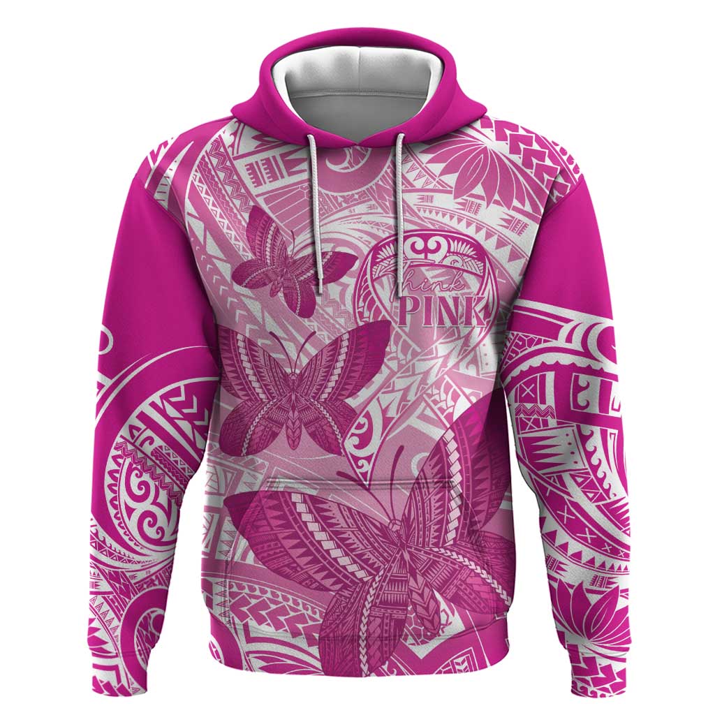 Personalised Polynesia Breast Cancer Awareness Zip Hoodie Think Pink Ribbon Polynesian Butterflies LT14 Pullover Hoodie Pink - Polynesian Pride