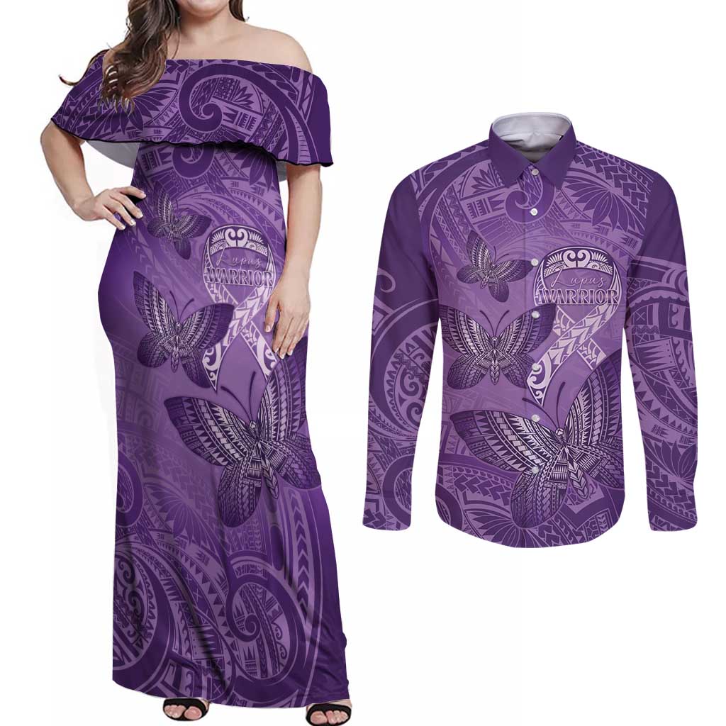 Personalised Polynesia Lupus Awareness Month Couples Matching Off Shoulder Maxi Dress and Long Sleeve Button Shirt Warrior Purple Ribbon Polynesian Butterflies LT14 Purple - Polynesian Pride
