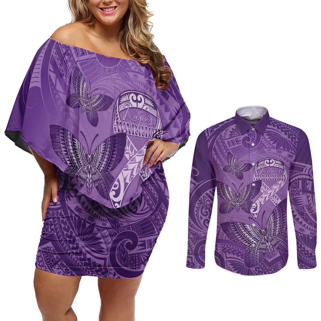 Personalised Polynesia Lupus Awareness Month Couples Matching Off Shoulder Short Dress and Long Sleeve Button Shirt Warrior Purple Ribbon Polynesian Butterflies