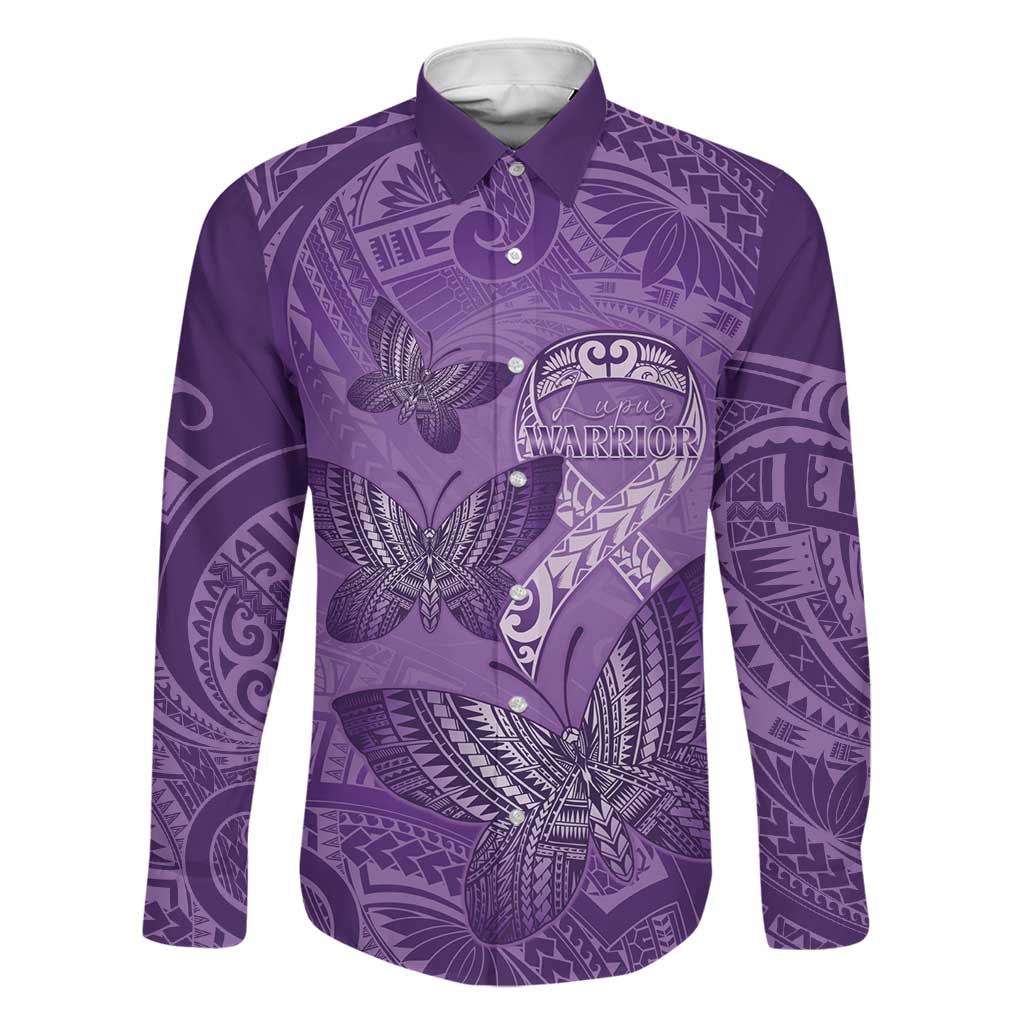 Personalised Polynesia Lupus Awareness Month Family Matching Mermaid Dress and Hawaiian Shirt Warrior Purple Ribbon Polynesian Butterflies LT14 Dad's Shirt - Long Sleeve Purple - Polynesian Pride