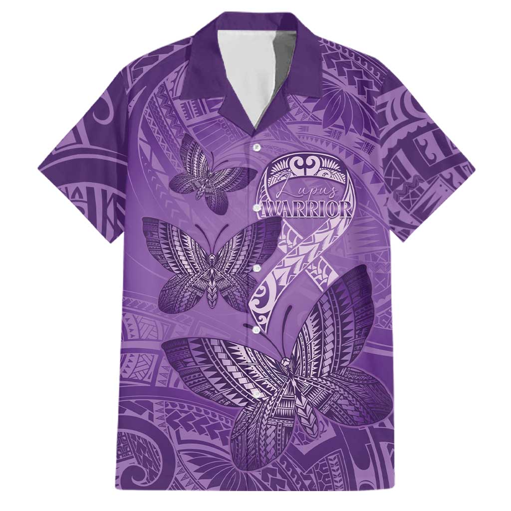 Personalised Polynesia Lupus Awareness Month Family Matching Off The Shoulder Long Sleeve Dress and Hawaiian Shirt Warrior Purple Ribbon Polynesian Butterflies LT14 Dad's Shirt - Short Sleeve Purple - Polynesian Pride