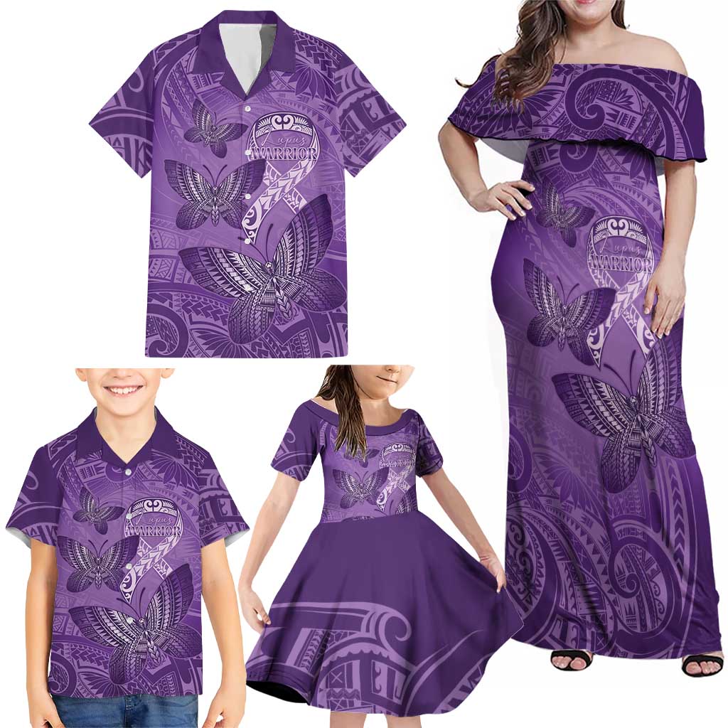 Personalised Polynesia Lupus Awareness Month Family Matching Off Shoulder Maxi Dress and Hawaiian Shirt Warrior Purple Ribbon Polynesian Butterflies