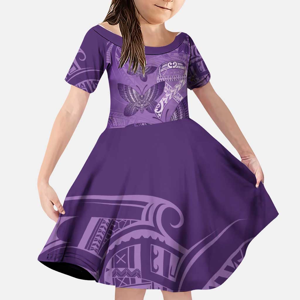 Personalised Polynesia Lupus Awareness Month Family Matching Short Sleeve Bodycon Dress and Hawaiian Shirt Warrior Purple Ribbon Polynesian Butterflies LT14 Daughter's Dress Purple - Polynesian Pride