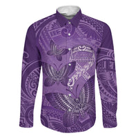 Personalised Polynesia Lupus Awareness Month Family Matching Short Sleeve Bodycon Dress and Hawaiian Shirt Warrior Purple Ribbon Polynesian Butterflies LT14 Dad's Shirt - Long Sleeve Purple - Polynesian Pride
