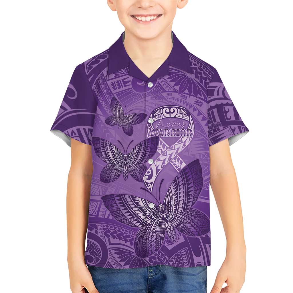 Personalised Polynesia Lupus Awareness Month Kid Hawaiian Shirt Warrior Purple Ribbon Polynesian Butterflies