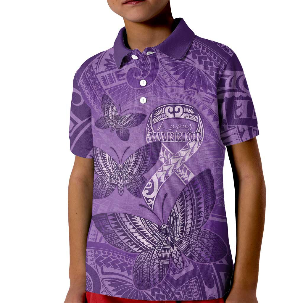 Personalised Polynesia Lupus Awareness Month Kid Polo Shirt Warrior Purple Ribbon Polynesian Butterflies LT14 Kid Purple - Polynesian Pride