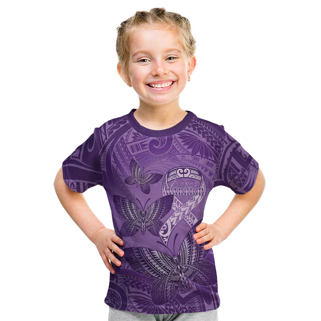 Personalised Polynesia Lupus Awareness Month Kid T Shirt Warrior Purple Ribbon Polynesian Butterflies LT14 Purple - Polynesian Pride